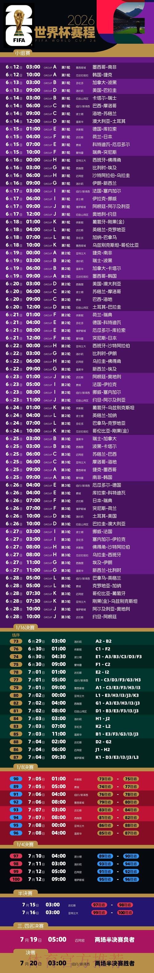 2026世界杯每日赛程今日完整安排免费观看 2026世界杯每日赛程今日完整安排免费观看